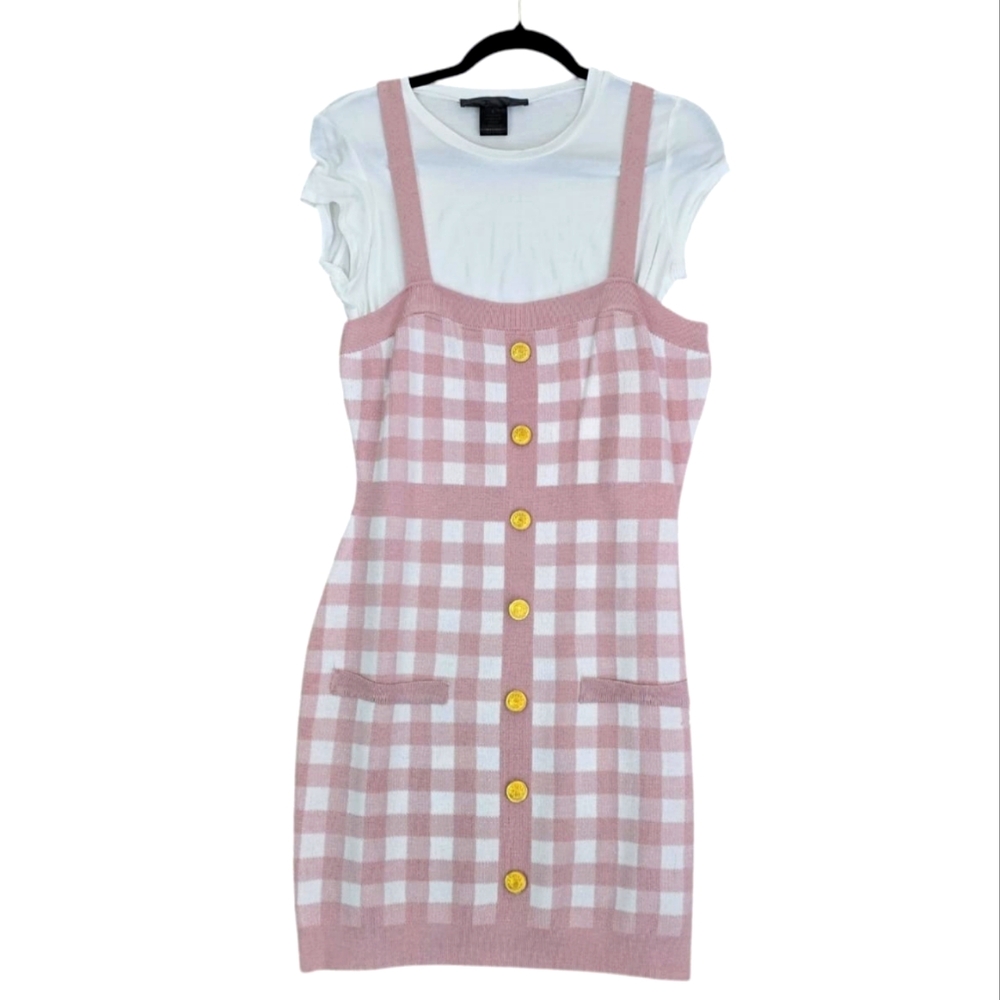 Chic Pink Plaid Dress with White Tee